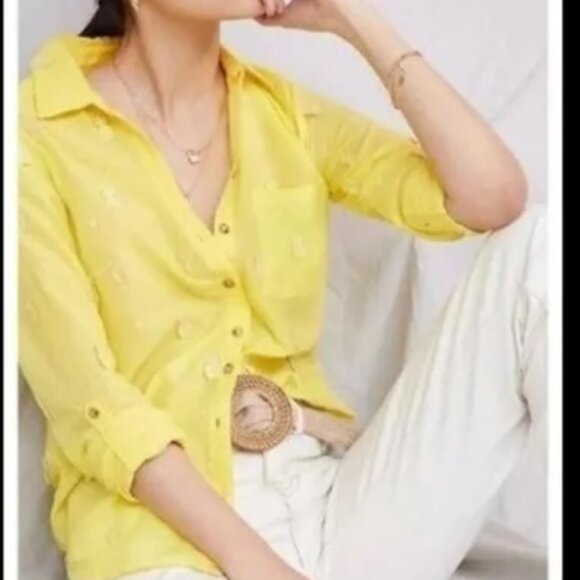 Mauve by Anthropologie Yellow Pineapple Embroidered Buttondown Blouse | Size M - Picture 5 of 13